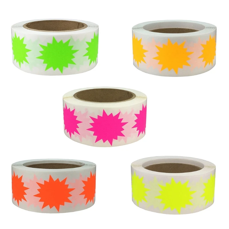 500 Pcs/Roll Bright Colorful Adhesive Stickers Roll Fluorescent Awards Label Stickers Explosion Shape Tag Sticker 1 inch B03E