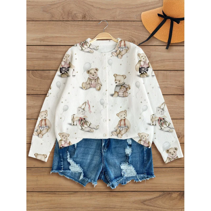 

Little Bear Digital Print Women's Knit Cardigan Warm Fit Round Neck Long Sleeves Front Placket Button Design