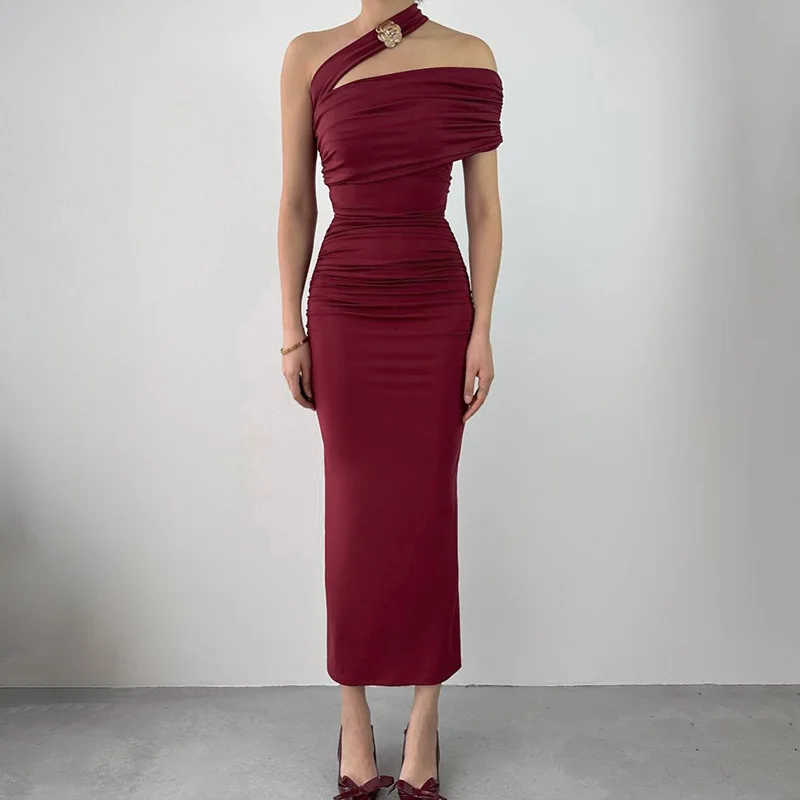 

Slanted Shoulder And Waist Cinching Elegant Dress, Summer Slim Fit Hanging Neck Long Dress