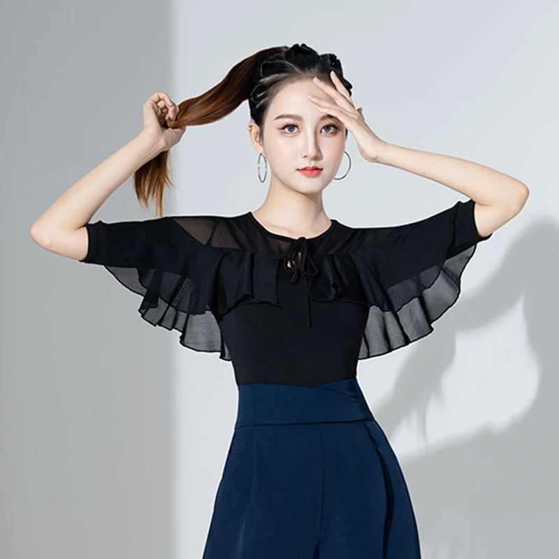 

Ballroom Dance Tops Black Ruffle Latin Dancewear Practice Wear ChaCha Performance Stage Costume Tango Dance Clothes DL10117