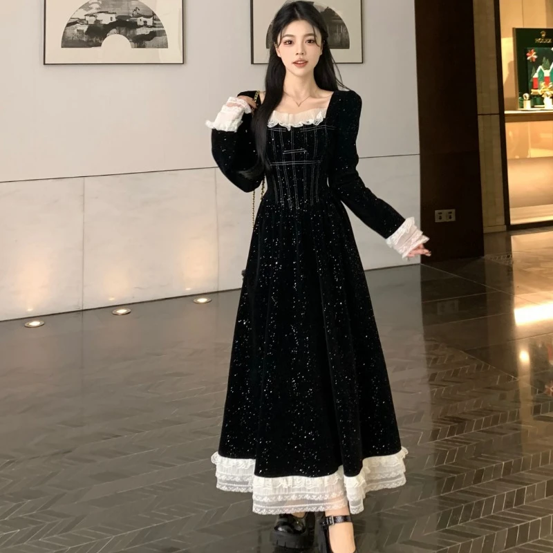 Vintage Christmas Sweet Velvet Dress Women Lace Patchwork Square Collar High Waist Solid Color Slim Birthday Dresses for Female