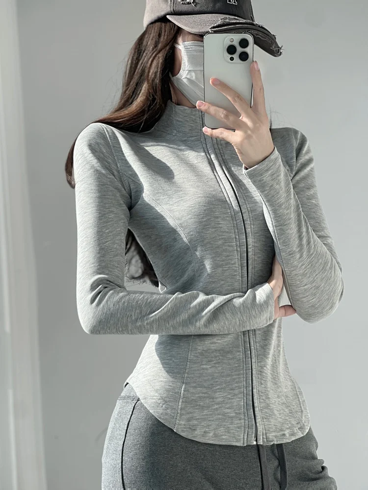 スリムキング伸縮性ジッパーフィットヨガトップ女性ハーフハイカラーウエストシェイプ長袖オープンカーディガンショートアウター