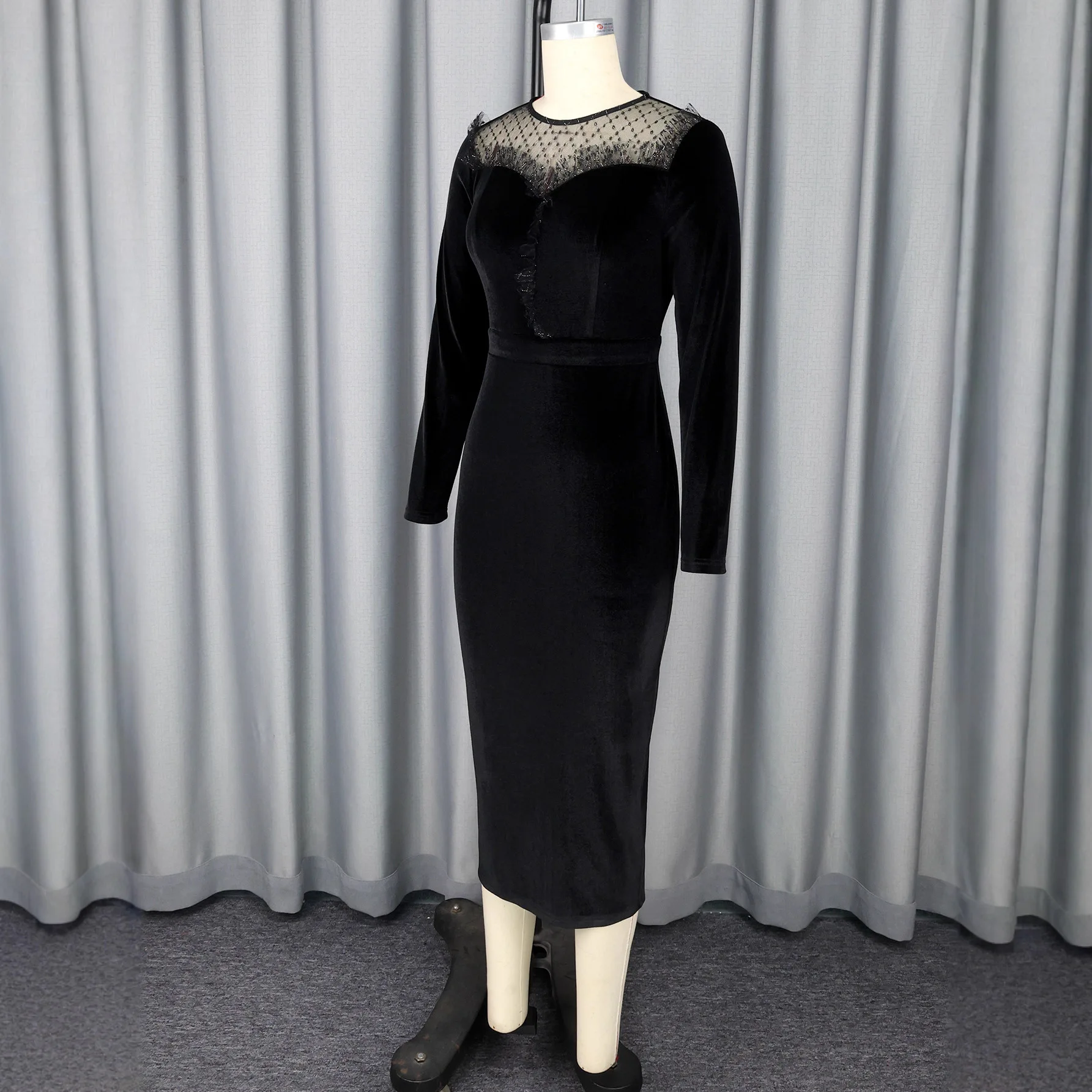 French Round Neck Sheer Velvet Dress Sexy Mesh Patchwork Long Sleeve Slim Fit Bodycon Evening Gown Dress Robe Vestido Women