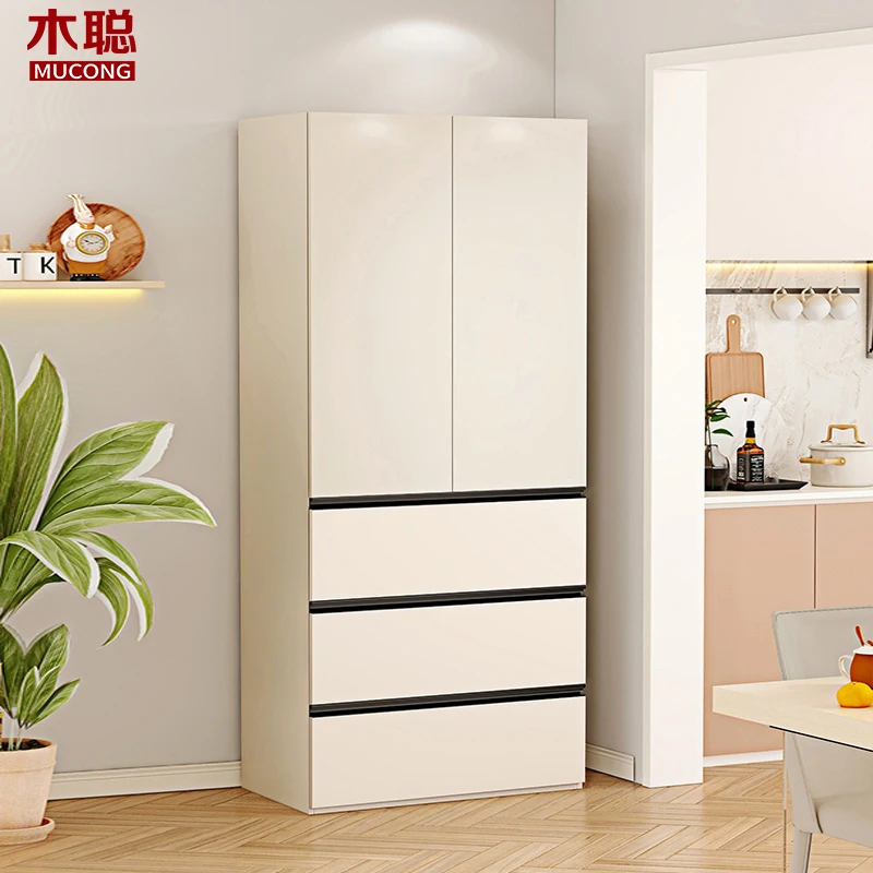 Lemari samping dapur krim warna putih, rak penyimpanan terintegrasi dengan lemari dinding, rak penyimpanan ruang tamu, apartemen kecil 8G303