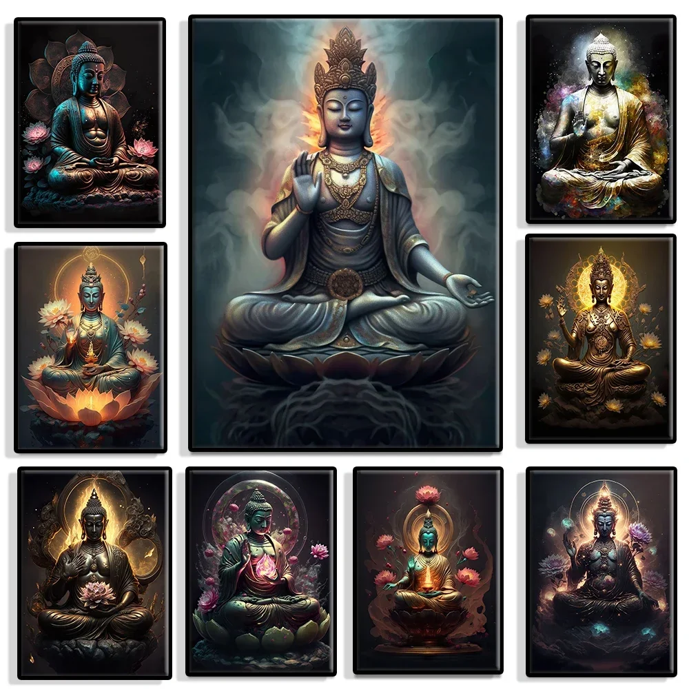 Buddhist Temples, Buddha Sitting on Lotus, Posters and Prints, Canvas Paintings, Wall Art Pictures, Home Decoration, Cuadros