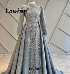 Abendkleider Grey Muslim Evening Dress Long Sleeves Heavy Beaded Party Gowns 2024 Custom Arabic Middle East Women Prom Dresses