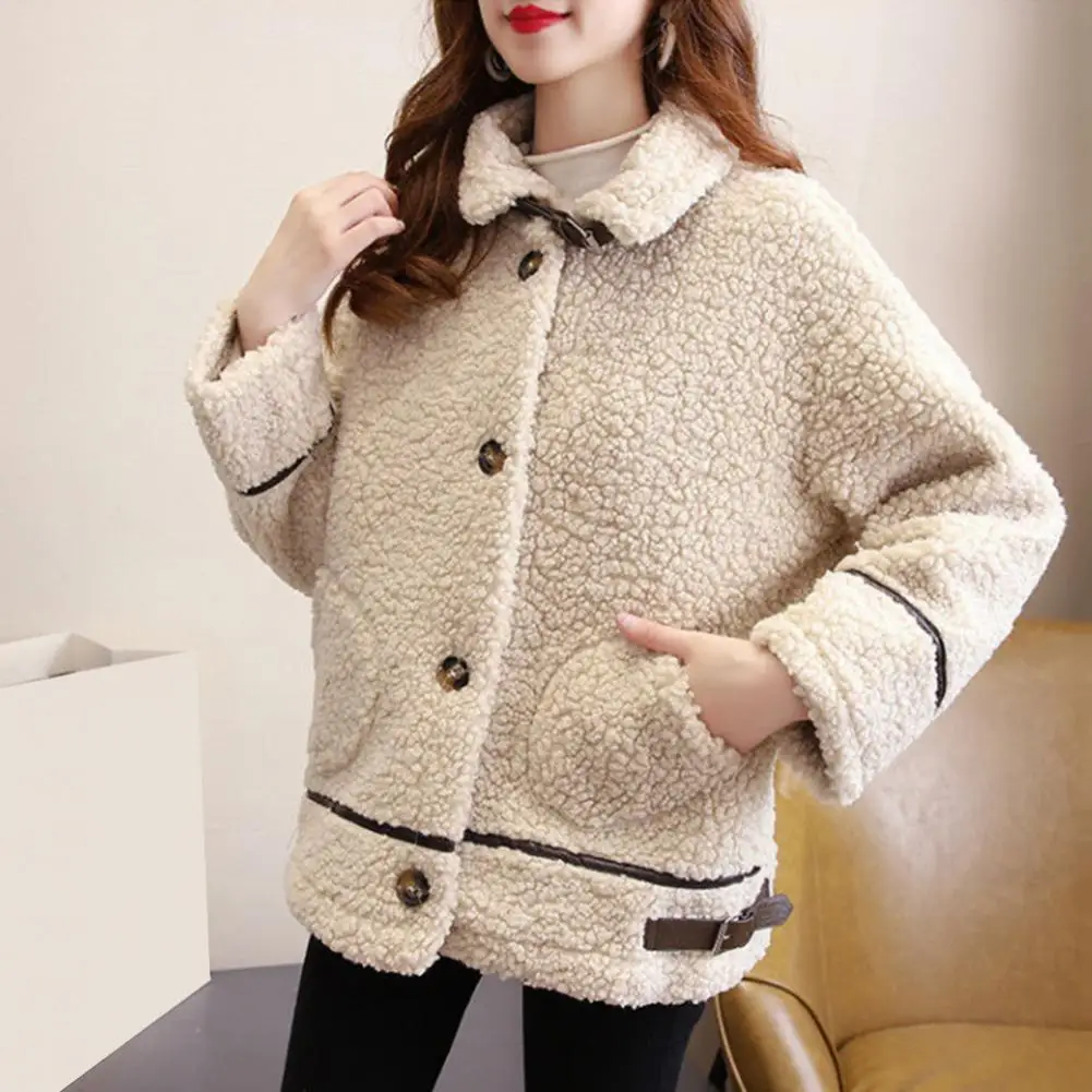 Regular Fit Plush Coat Women Plush Jacket Stylish Winter Women\'s Coat with Plush Pockets Belt Decor Warm for Cold for Women