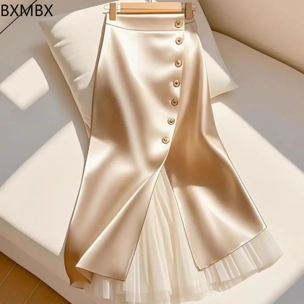 2025 high-end sense is super good-looking. Apricot splicing acetate satin a-word large skirt,  for women