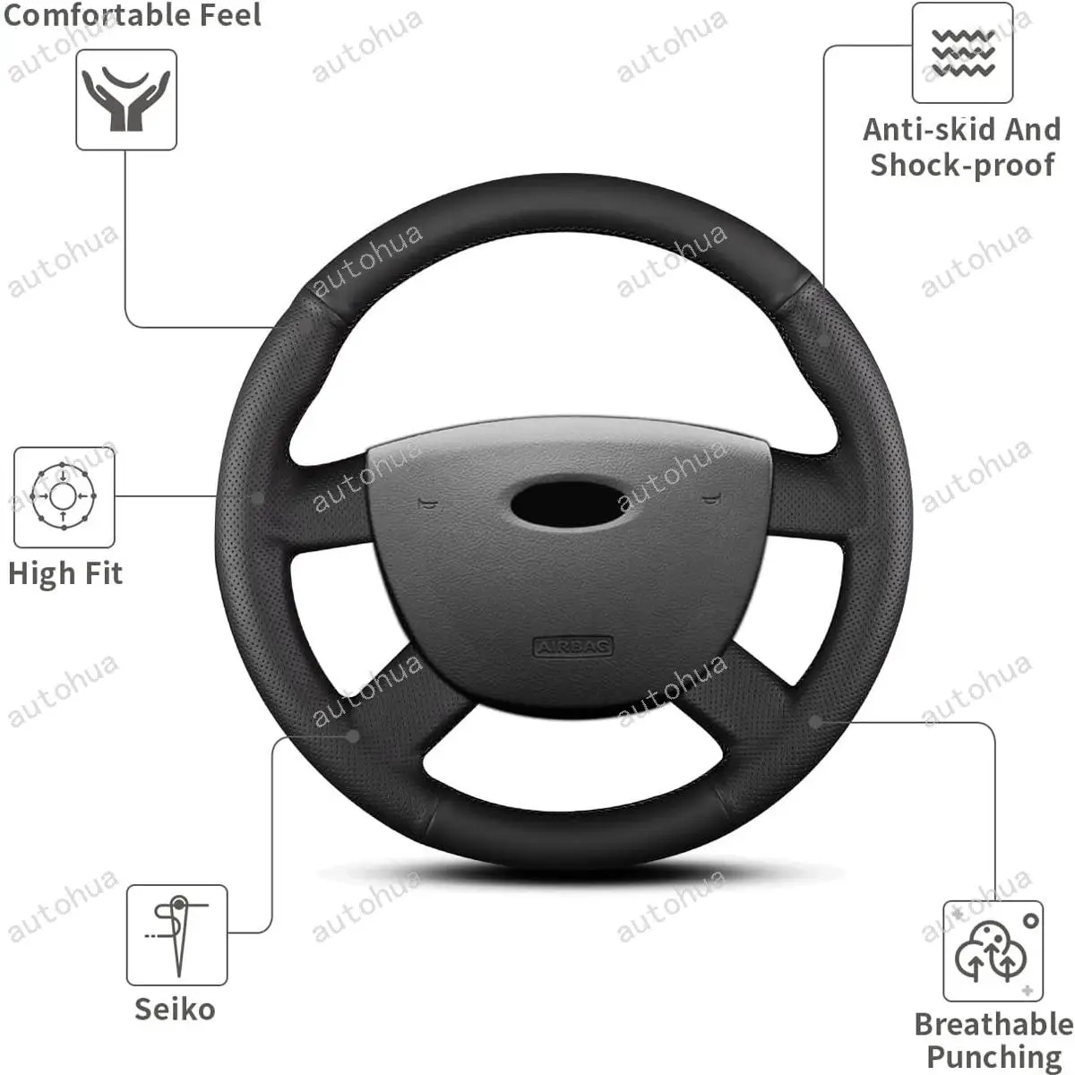 غطاء عجلة القيادة مخيط يدويًا لسيارة Ford 2008 Kuga/2007 C-MAX/2003 Focus CMax، جلد من الألياف الدقيقة غير قابل للانزلاق وجيد التهوية