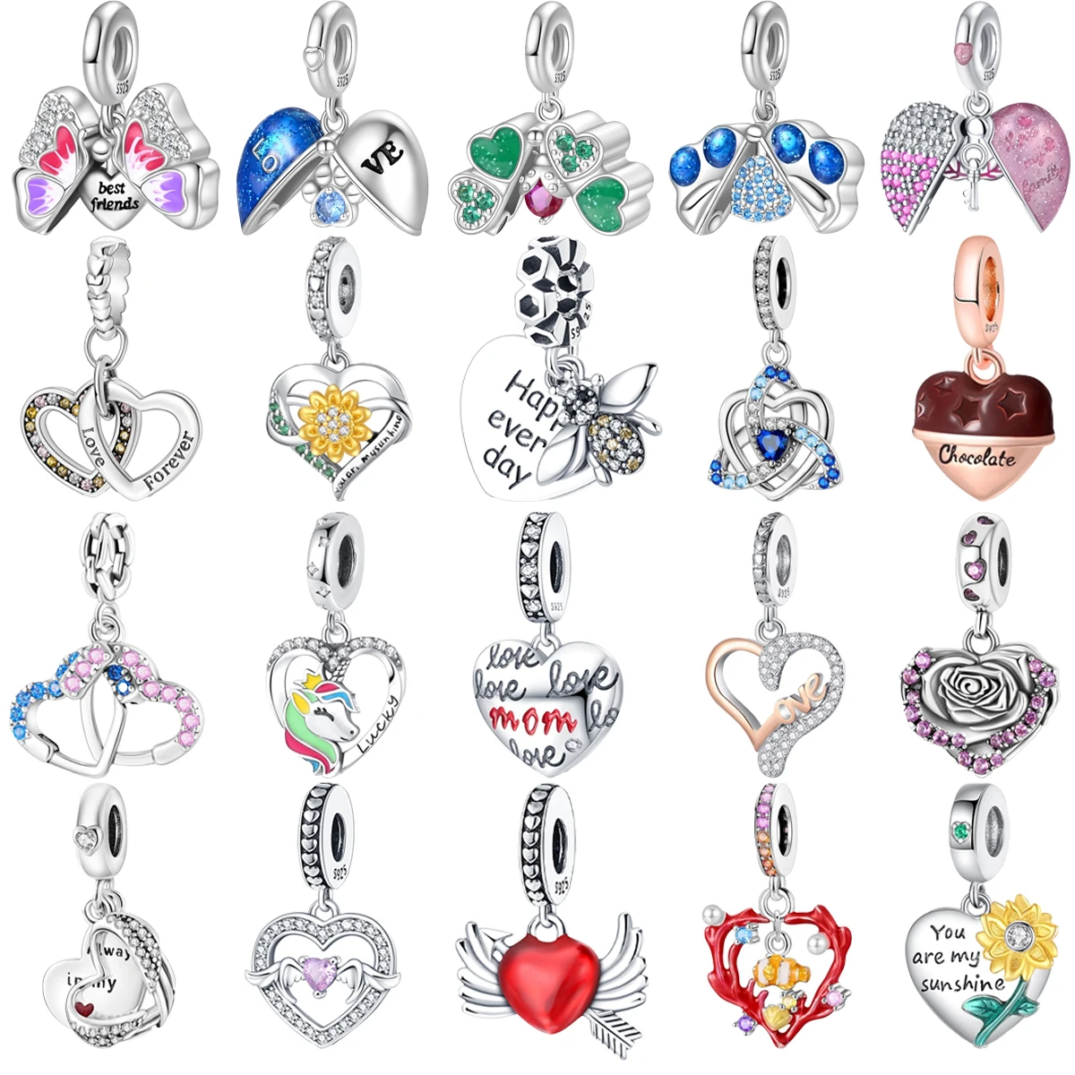 

Original 925 Charms Sterling Silver Heart Bee Unicorn Chocolate Butterfly Pendant for Pandora DIY Bracelet Ladies Jewelry Gift