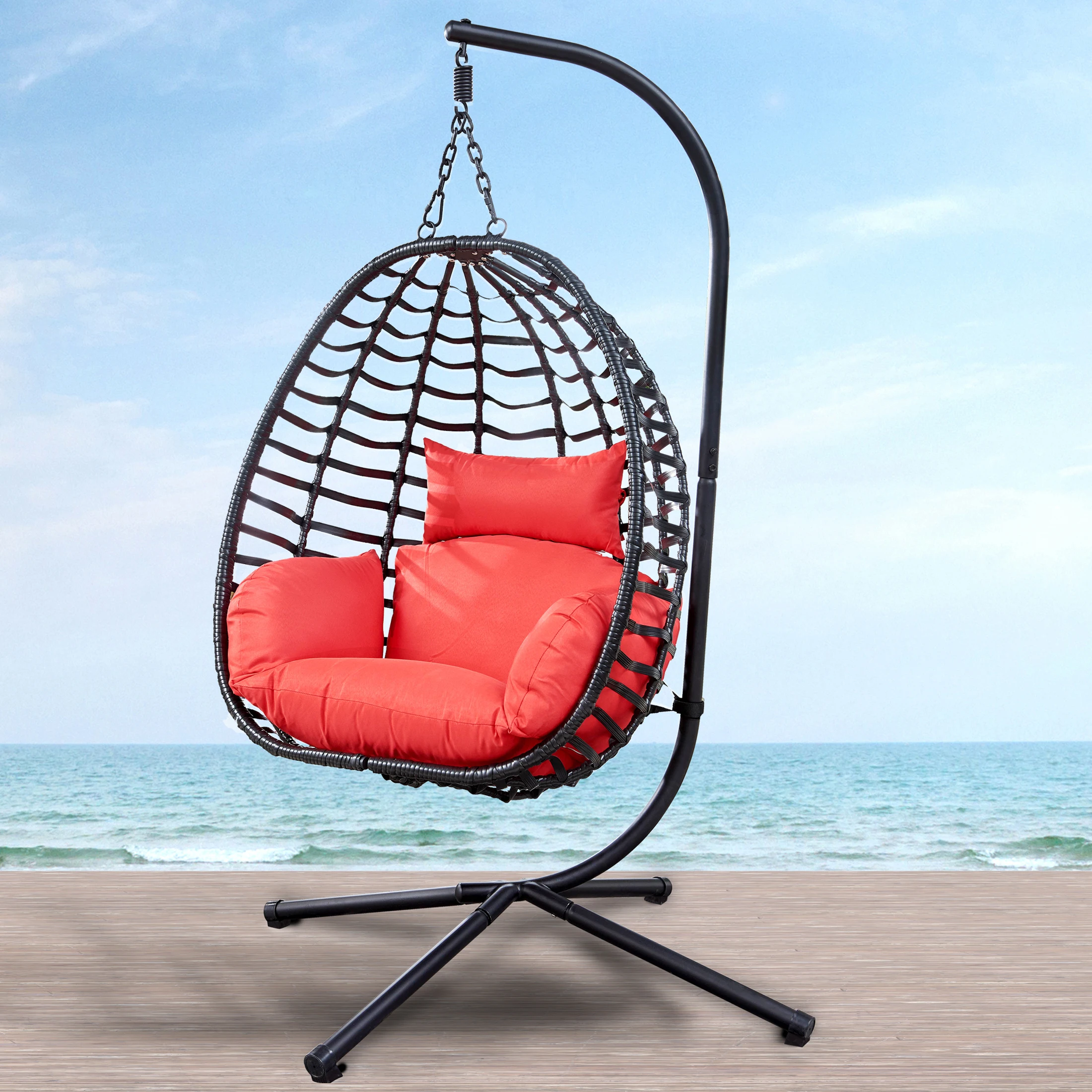 [Flash Sale]Outdoor Rattan Wicker Egg Hanging Swing Chair Oval Leisure Chair with Cushions and Stand for Balcony Patio Garden