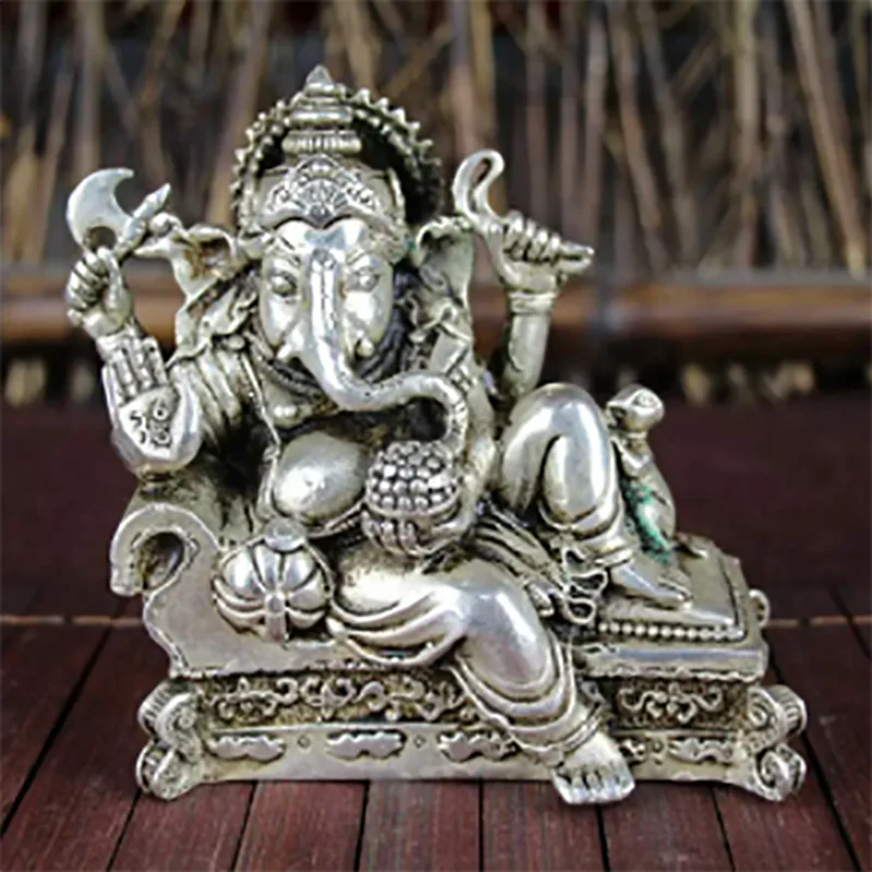 

Chinese Old Geomancy Decoration White Cooperized Silver Four Hands Elephant God