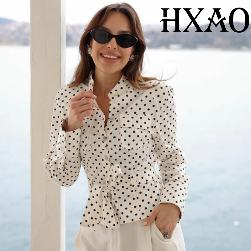 

Женская укороченная куртка HXAO в горошек, демисезонная, с поясом, длинными рукавами, приталенная, на пуговицах, шикарная, элегантная, рубашка-жакет
