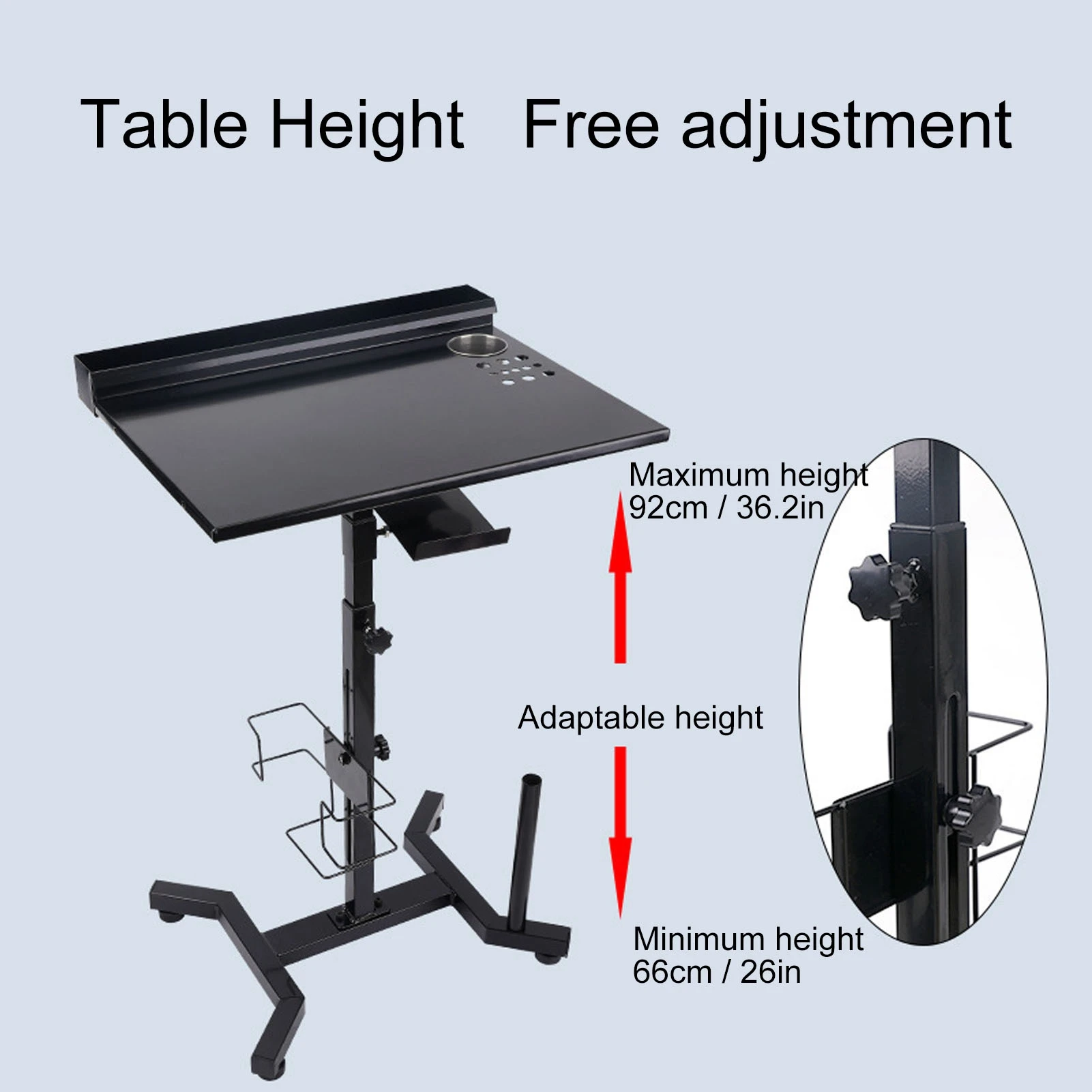 Tabela preta do trabalho do tatuagem com entalhe do armazenamento, altura adaptável, antipatim, estrutura de aço, estação de trabalho do tatuagem