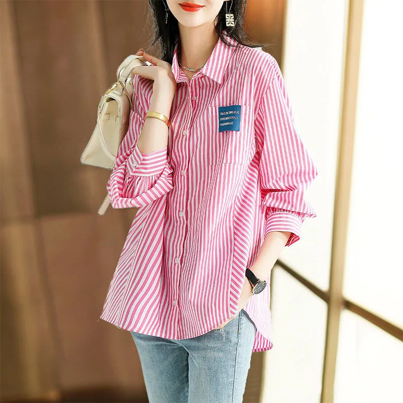 Vintage Casual Striped Printed Women\'s Shirt 2022 Spring Autumn Ladies Turn-down Collar Loose Fashion Long Sleeve Buttos Blouses