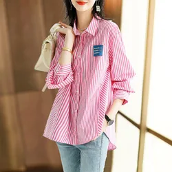 Vintage Casual Striped Printed Women's Shirt 2022 Spring Autumn Ladies Turn-down Collar Loose Fashion Long Sleeve Buttos Blouses