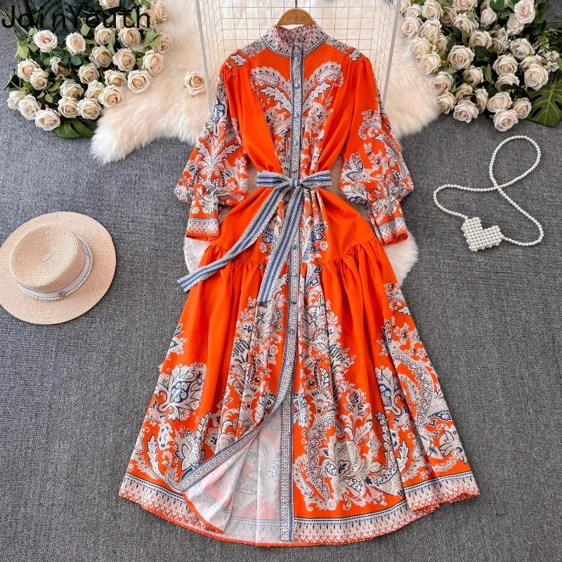 Vintage Summer Dress 2024 Women Clothing Lantern Sleeve Print Robe Femme Single Breasted Slim Waist Print Dresses Vestido Femme