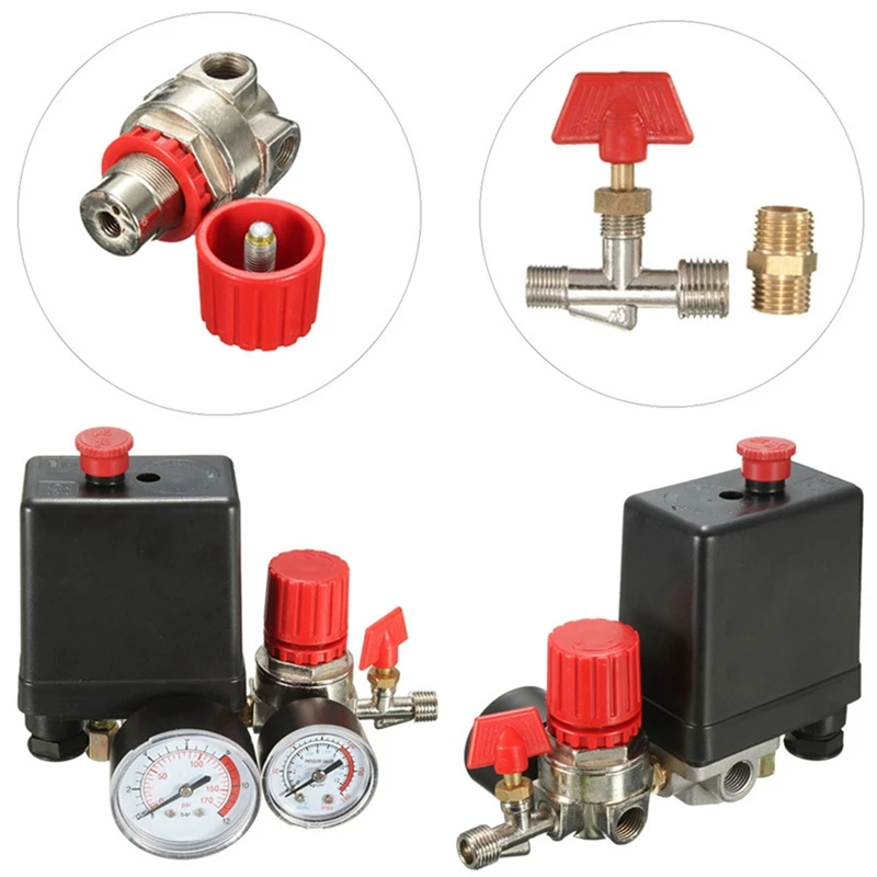 7.25-125 PSI Small Air Compressor Pressure Switch Control 15A 240V/AC Adjustable Air Valve Compressor Four Holes