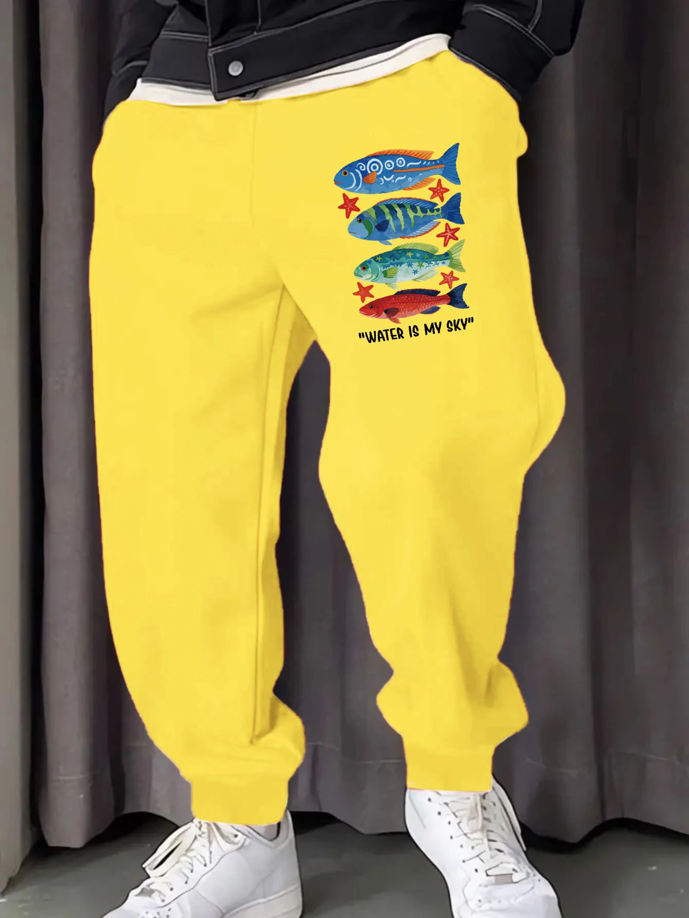 L'acqua è il mio Sku pesci colorati stampa pantaloni da uomo tasca pantaloni da jogging casual autunno abbigliamento sportivo in pile caldo pantaloni sportivi maschili