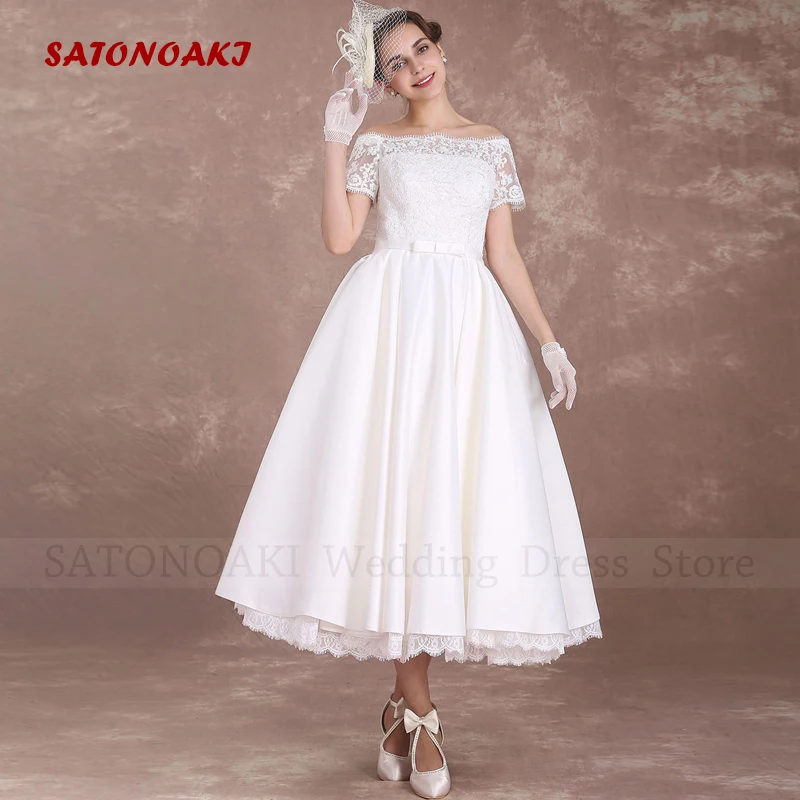 Vestidos De Novia elegancka krótka suknia ślubna 2023 dla kobiet Lace Off The Shoulder Tea długość suknia ślubna Robe Mariée Custom Made