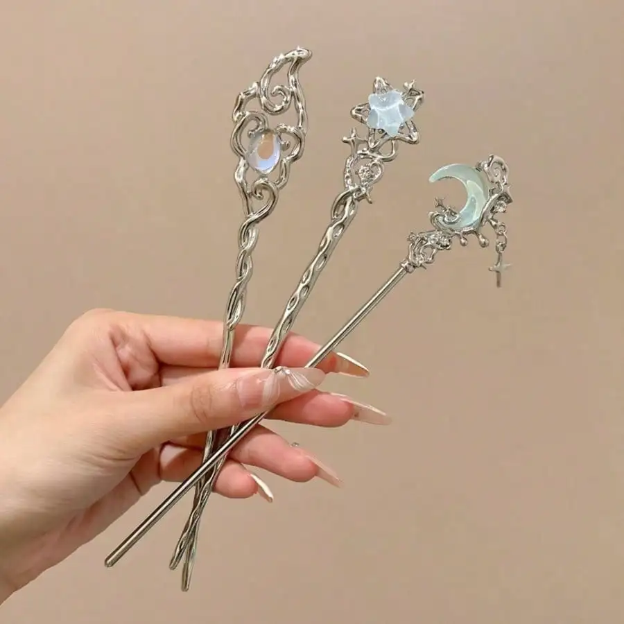 Elegant 3pcs Moonstone Star Hairpins Set - Alloy Non-Feathered Hair Stick Accessories for Women - No Power Required Fashionable