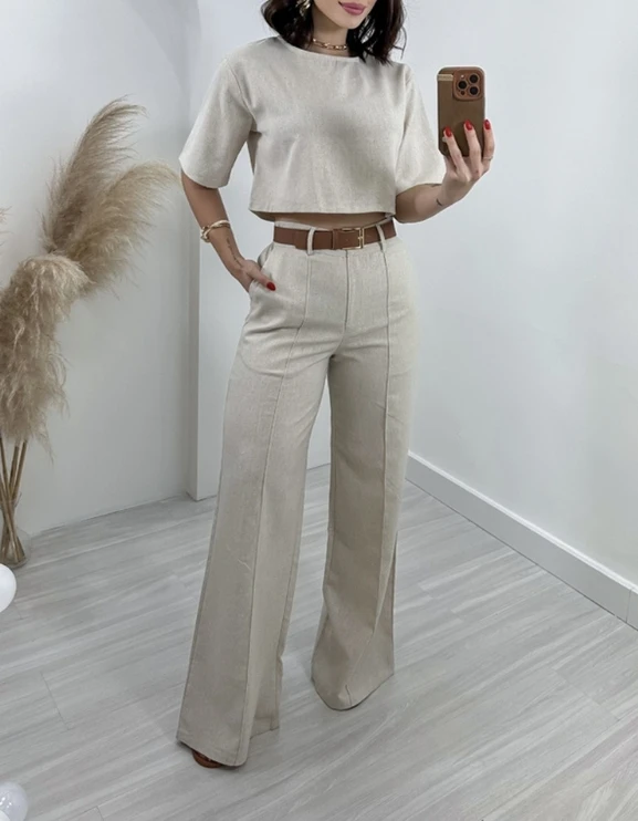 

Women's Commuting Style Suits 2024 Spring/summer Latest Fashion Cotton and Hemp Short Top High Waist Wide Leg Suit Pants Set