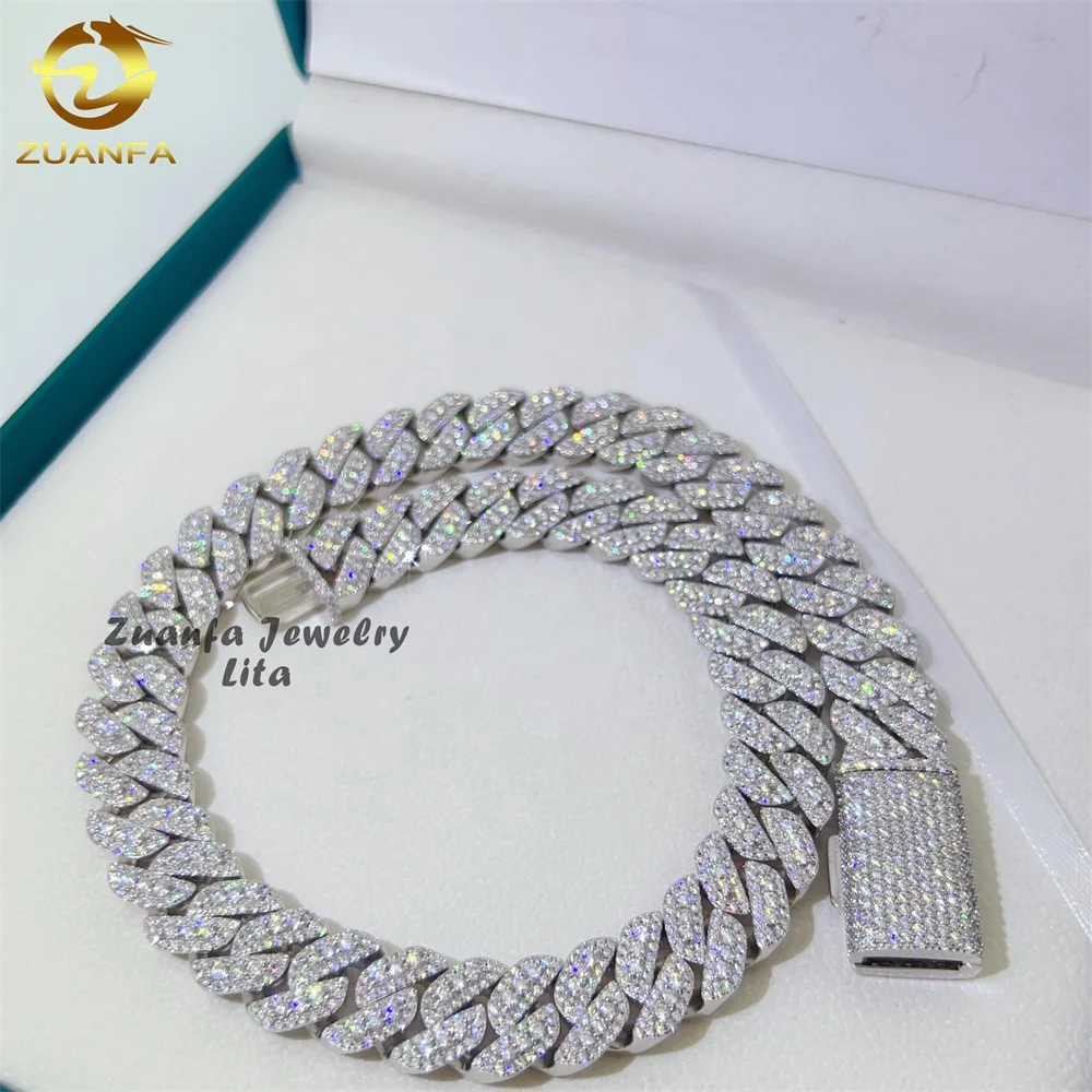 Sale Fashion Style Heavy 925 Sterling Silver Iced Out Moissanite Hip Hop Jewelry 15mm Cuban Link Chain