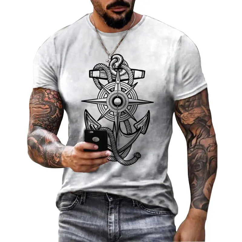 Versatile white printed T-shirt for men sea anchor pattern O-neck short sleeved daily casual T shirts loose pullover oversized