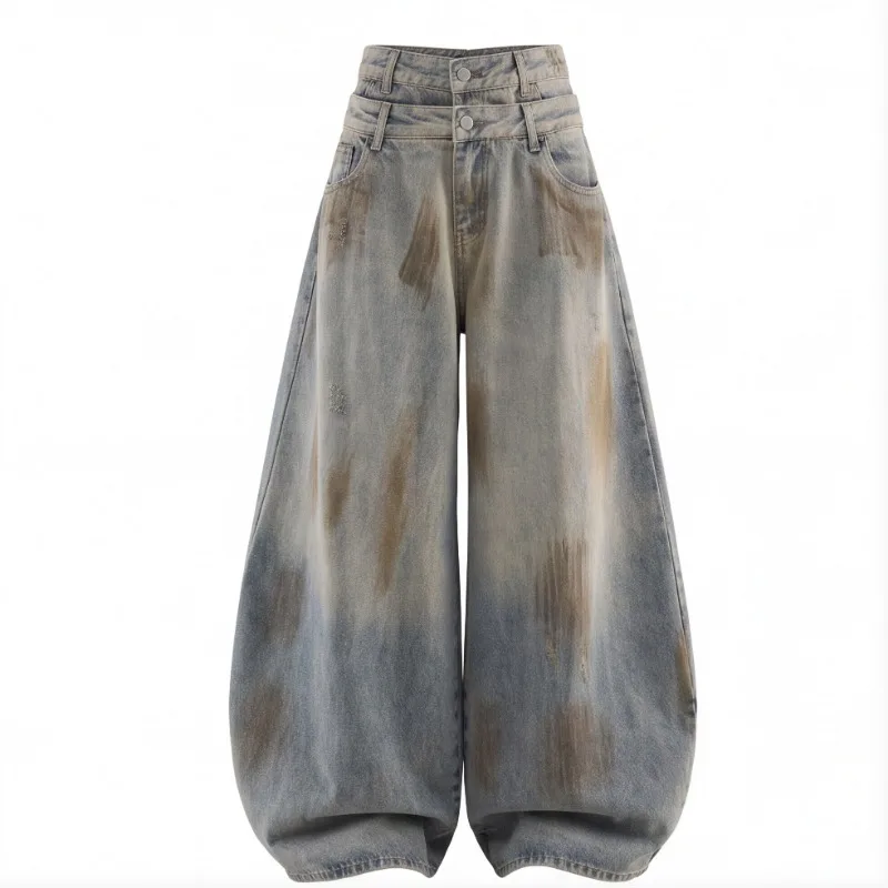 Men 2026 American Vintage Banana Wide Leg Jeans Double Waist Spring Autumn Slim Tall Look Floor Length Casual Denim Pants