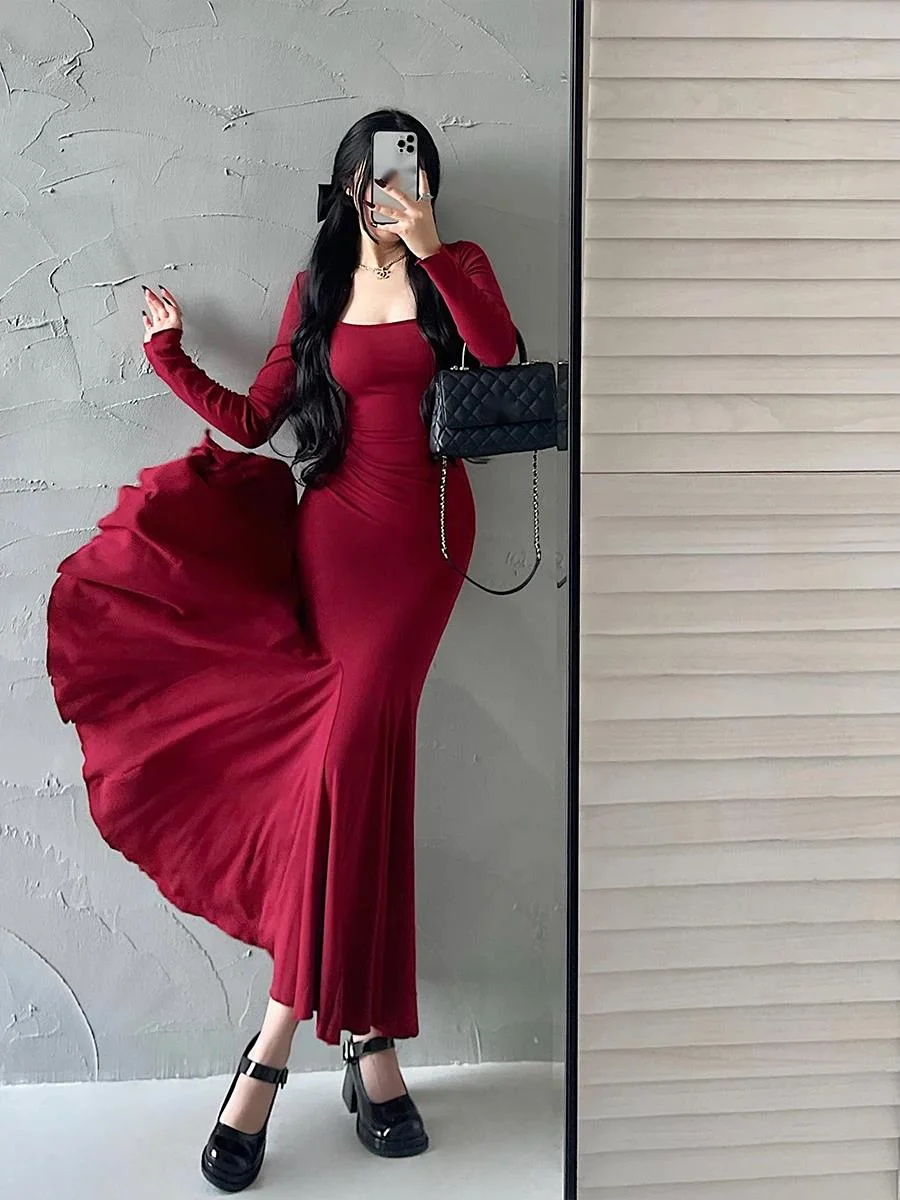 WOMENGAGA Red Hot Sexy Autumn Long Dress Pleated Waist Long Sleeves Fishtail Dress Dress Elegant Fashion 2023 New Tops PE9Y