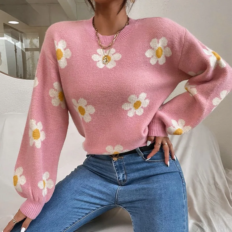 

Autumn Winter New College Style Flower Knitted Coat Loose Fashion Round Neck Pullover Print Long Sleeve Sweater Women's Tops