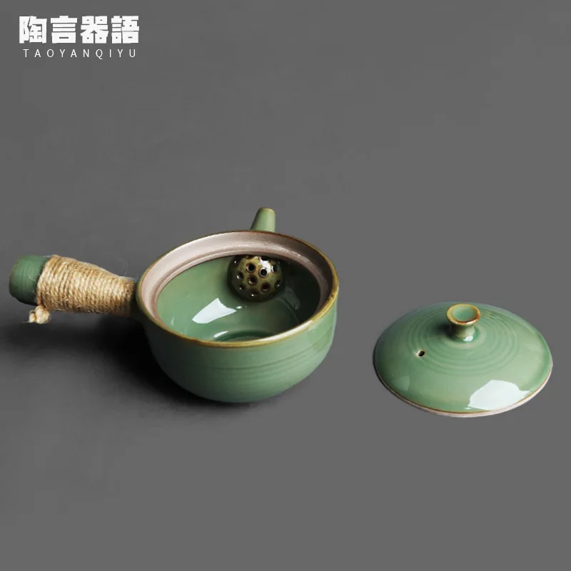 Secret color Yue kiln celadon wide mouth side handle teapot handmade retro pottery Kung Fu tea ceremony tea maker single teapot