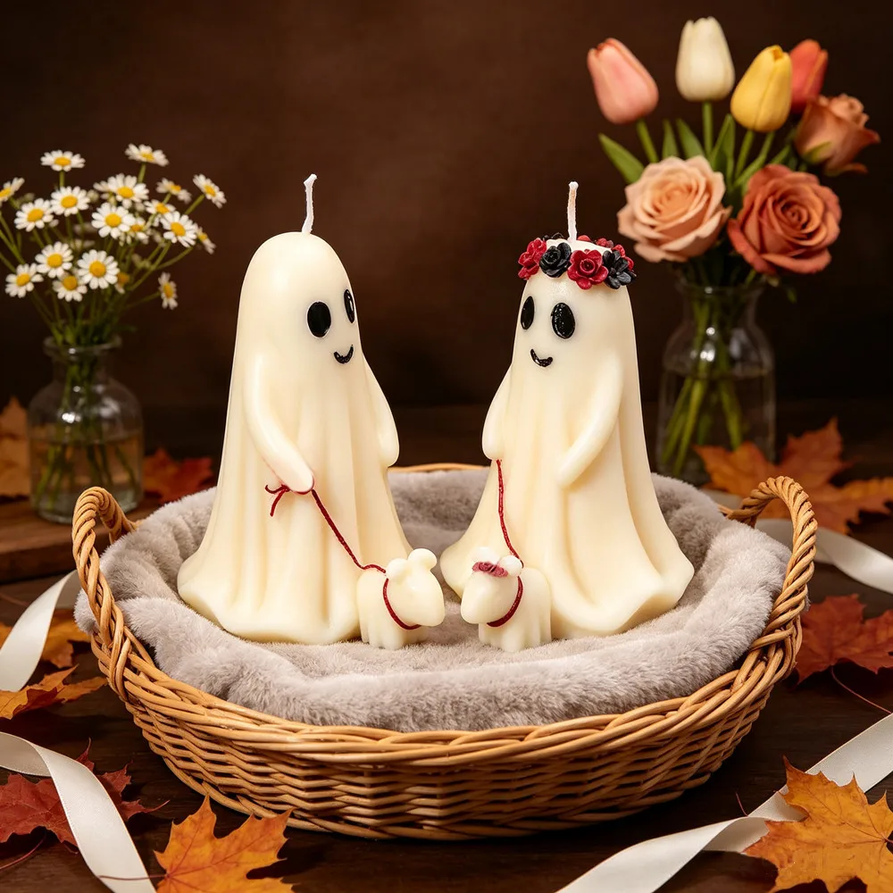 Halloween Ghost Bride & Groom Candle Mold with Couple Ghost Walking Dog Statue Detail Mold DIY Candle,Soap Making Craft Lovers view 6