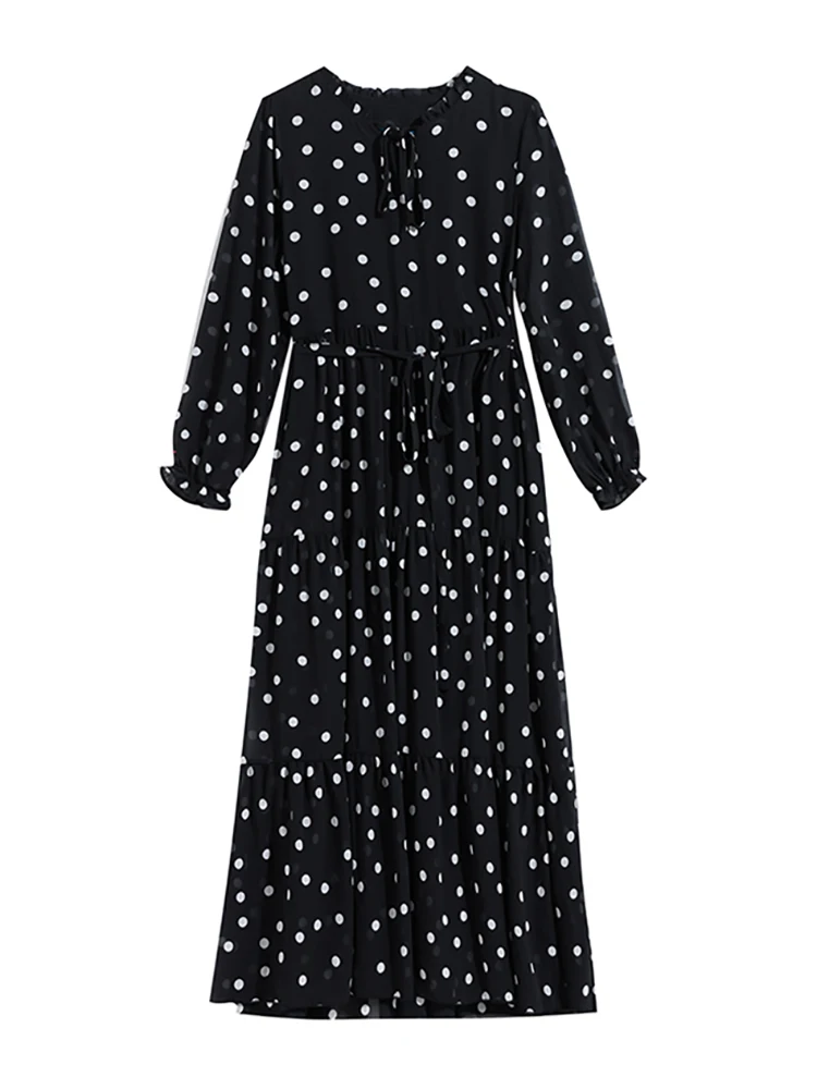 2024 Zwarte Ploka Dot Ruches Kraag Maxi Jurk Mode Vrouwen Boho Casual Jurk Lente Herfst Vintage Elegante Bodycon Feestjurk