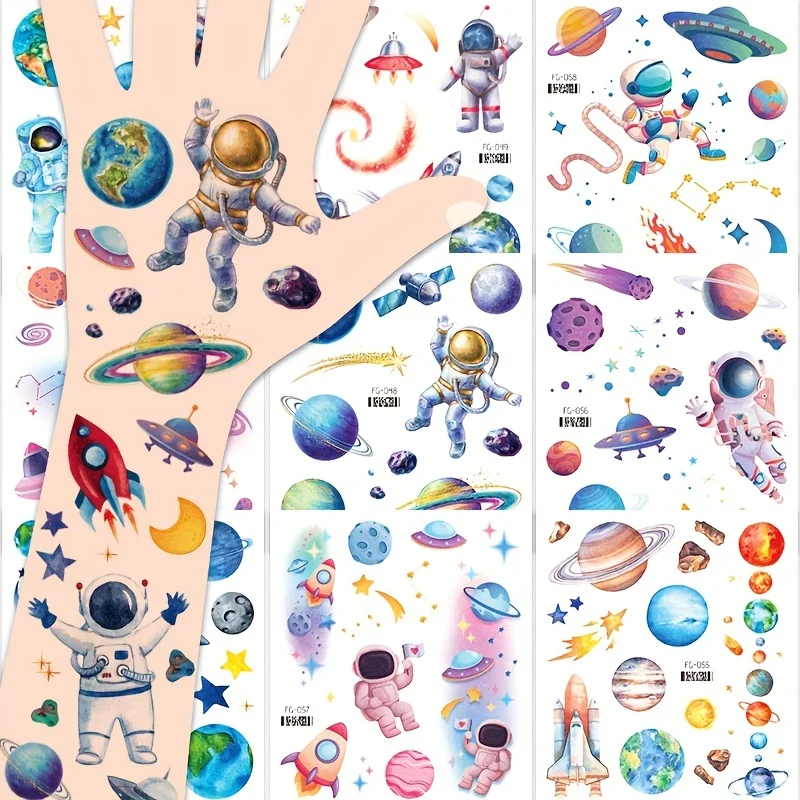 12 Sheets Glitter Cartoon Space Astronaut Temporary Tattoos Kids Temporary Tatoo for Birthday Party Decoration Supplies