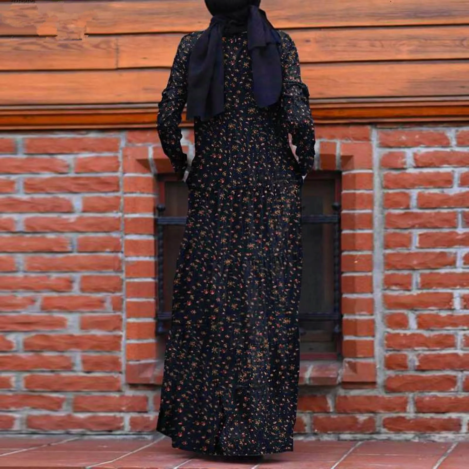 Abito da donna Eid Abaya musulmano O Neck Stampa Dubai Abaya Abito lungo Cerniere Allentato Ramadan Marocco Patchwork Casual Tasche a pieghe