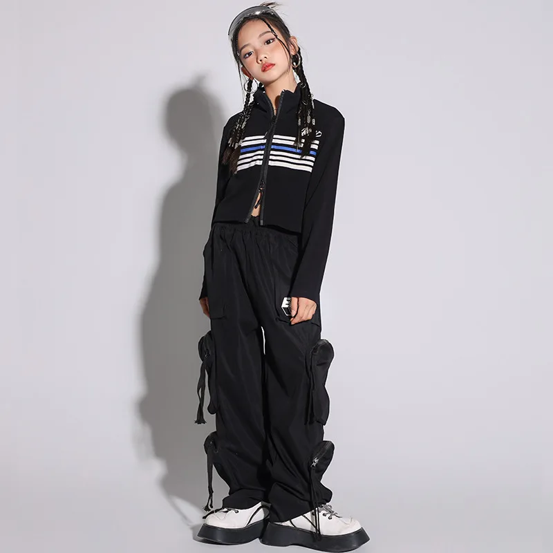 

Kid Hip Hop Clothing Striped Crop Top Zip Up Shirt Black Casual Multi Pockets Cargo Pants for Girls Jazz Dance Costume Clothes