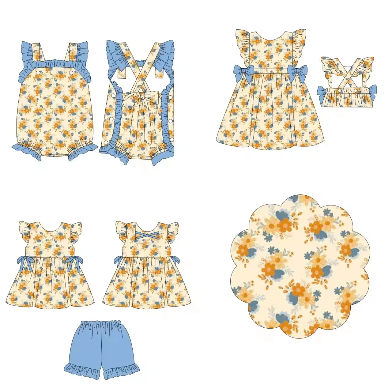 

new design baby girl set toddler baby clothes summer children's clothes Yellow floral fabric flutter sleeve shorts set romper