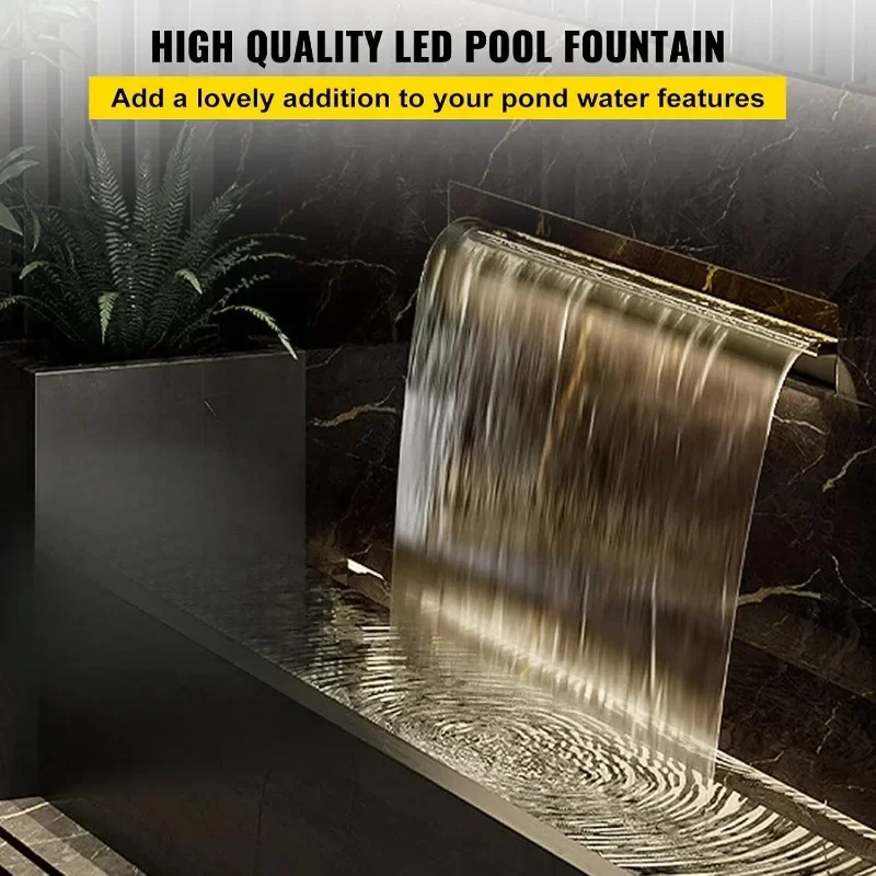 #Pool Fountain Pool Waterfall with LED Light Waterfall Spillway with Pipe Connector Rectangular Garden Outdoor