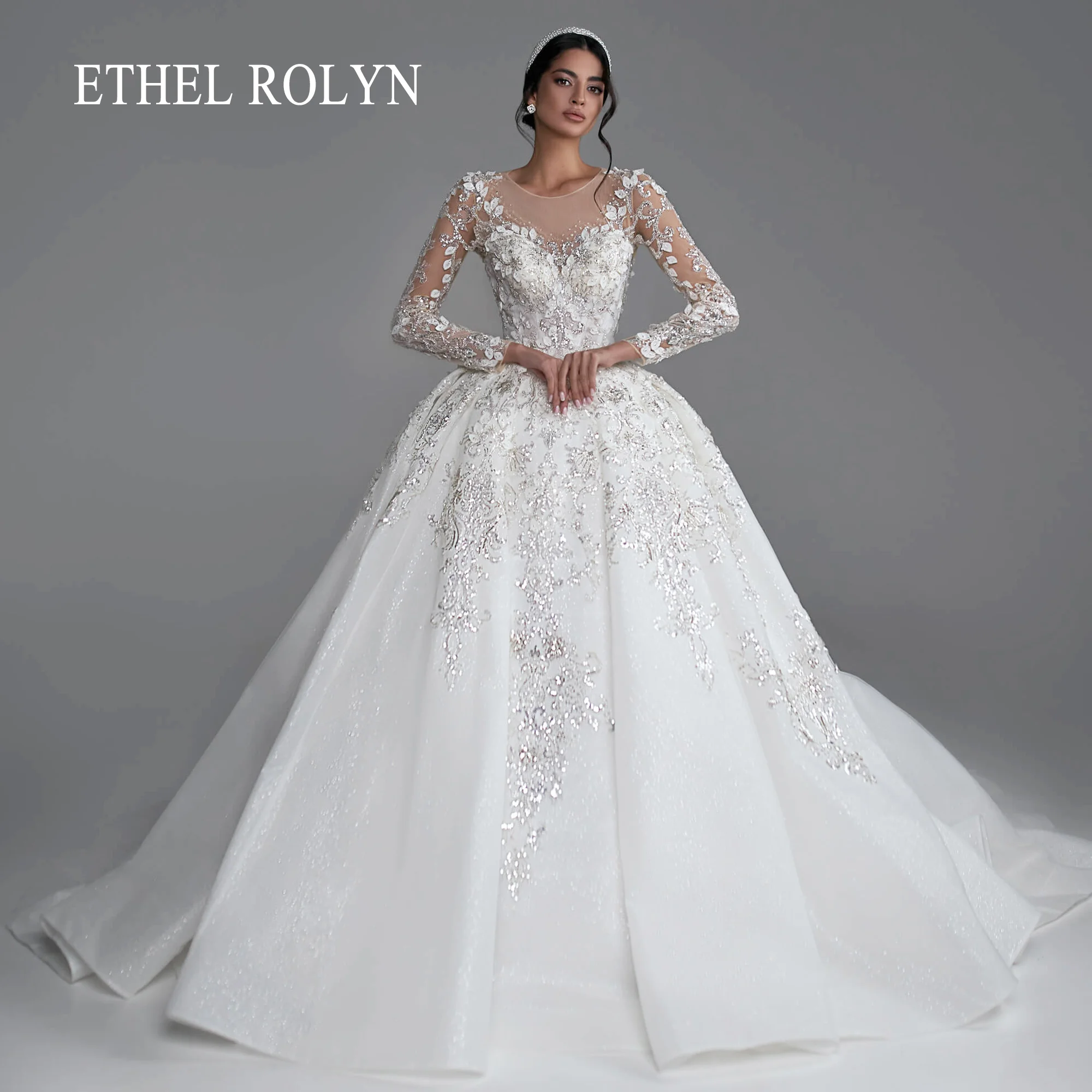 ETHEL ROLYN Long Sleeve Ball Gown Wedding Dress Exquisite SCOOP Sequined Beading Royal Train Wedding Gown Vestidos De Novia