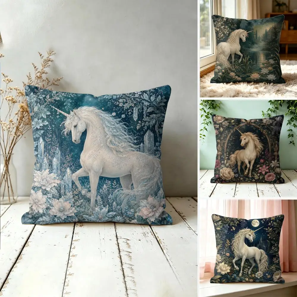 Fairycore Unicorn Forest Cushion Cover Double-Sided Plush Sofa Cushion Covers Organic Breathable Invisible Zipper
