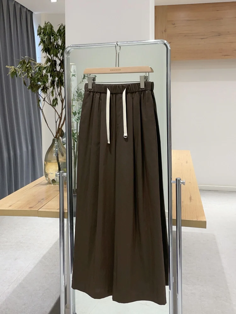 Noxiao La Authentic Spring 2025 Casual Versatile Silk Elastic Waist Wide Leg Pants High Waist Straight Leg Cotton Blend