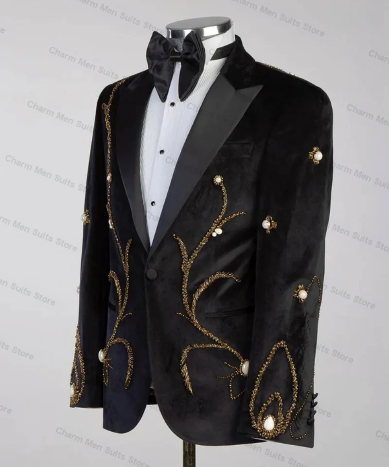 Ouro Cristais Homens Escritório Ternos Set, Velvet Blazer, Calças De Algodão, Calças Do Noivo, Casamento Smoking, Custom Made Prom Jacket, Casaco, 2 Pcs