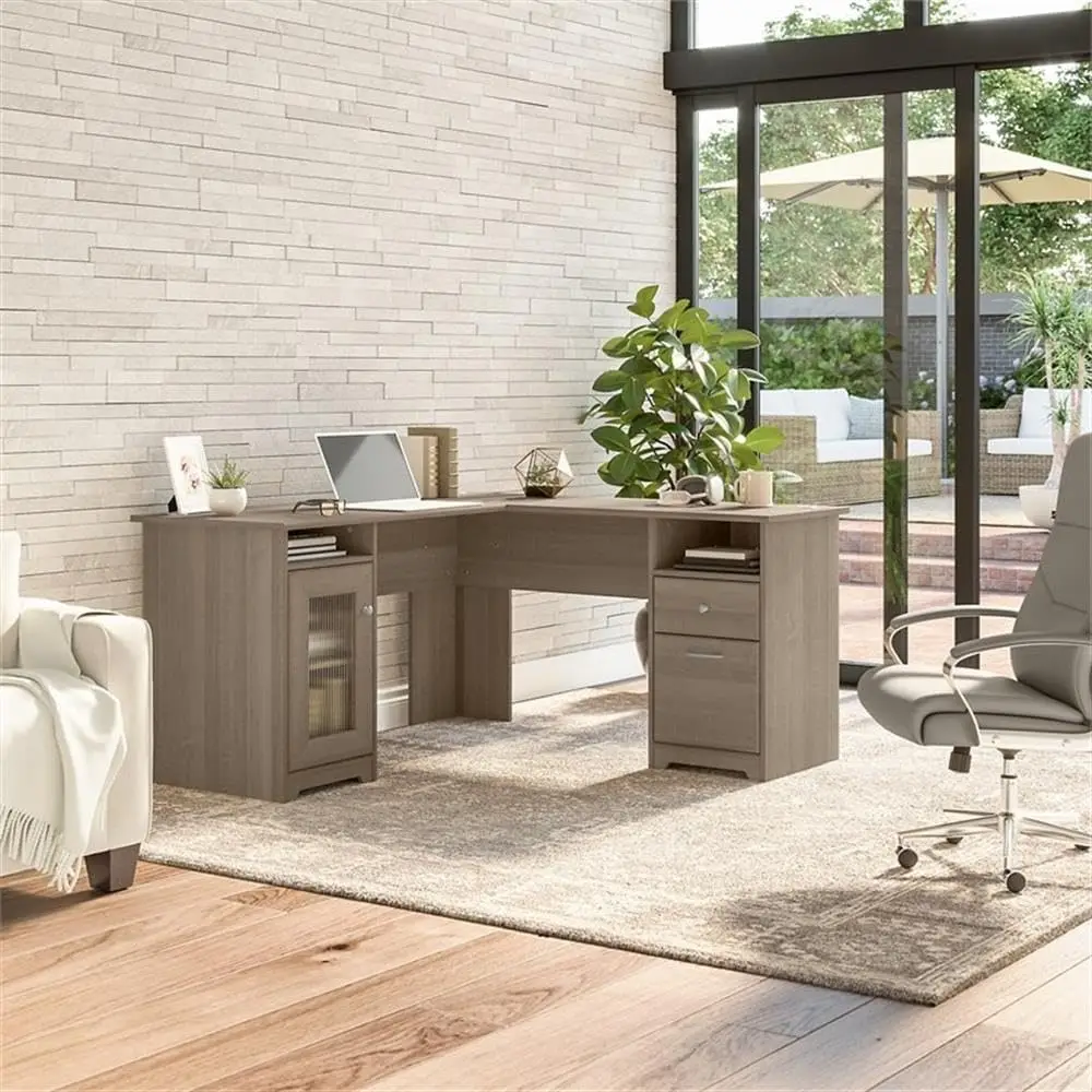 Shaped Computer Desk in Ash Gray | Corner Table with Drawers for Home Office