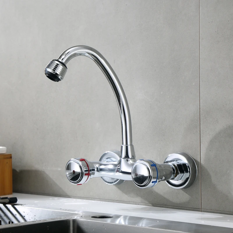 Chrome Wall Mounted Kitchen Faucet Cold and Hot  Brass Can Rotate  Dual Handle G1/2 Connect