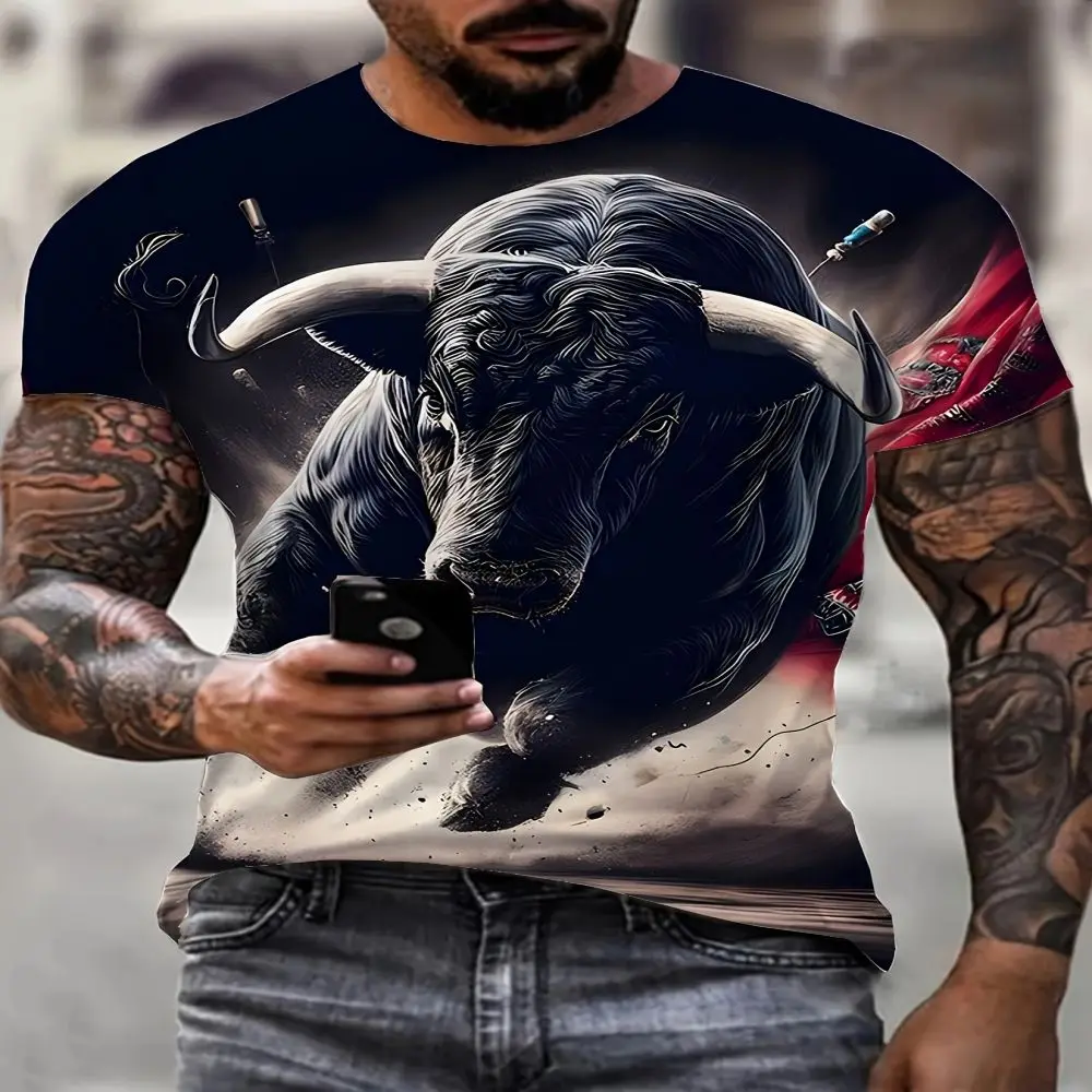 

2024 Novel and Fashionable Men's New 3D Bull Demon Pattern Printed T-shirt Round Neck Short Sleeve Tops Outdoor Casual Pullover