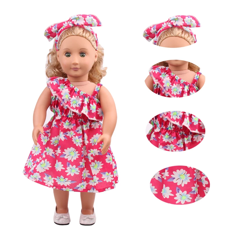 

18 inch doll girl vacation dress with slanted shoulder suspender dress and headband, waist cinching design, doll accessories