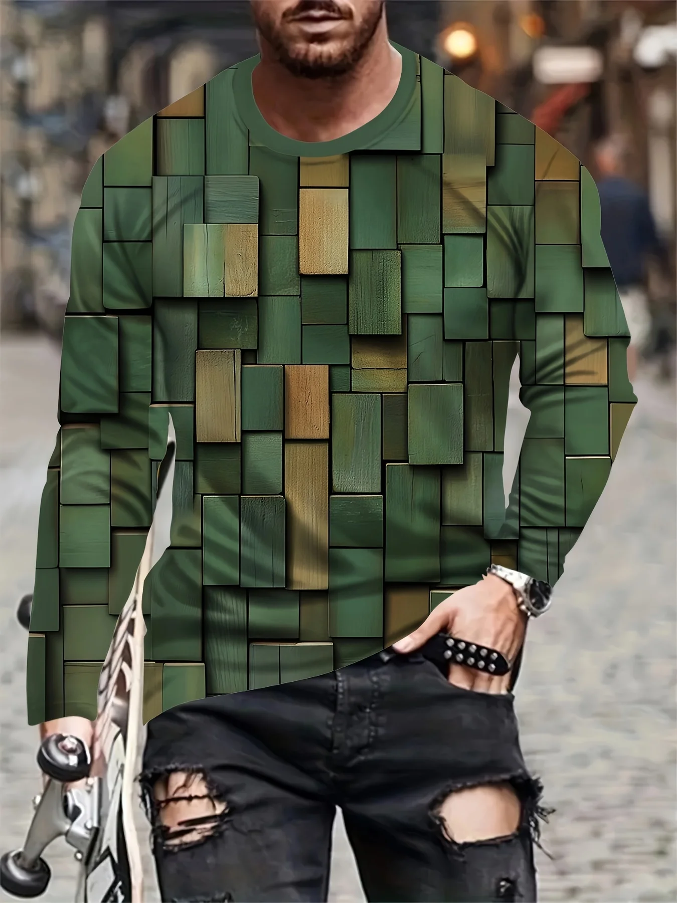 

Men's Casual Geometric Print Long Sleeve T-Shirt ，Stretch Comfort, Machine Washable, All-Season Versatile Top，
