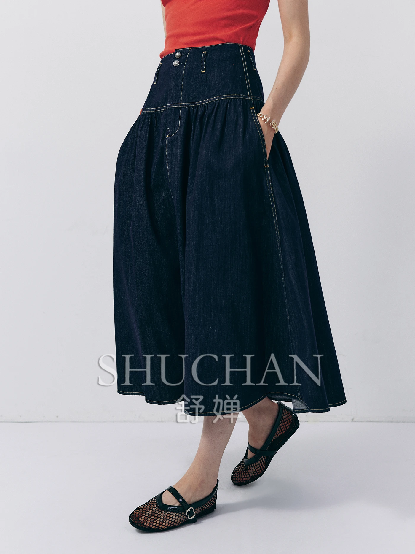 

[Ginza Lady] трехмерный пошив, японский нишевый дизайн, плиссированная широкая распашная юбка-зонтик с высокой талией, джинсовая юбка