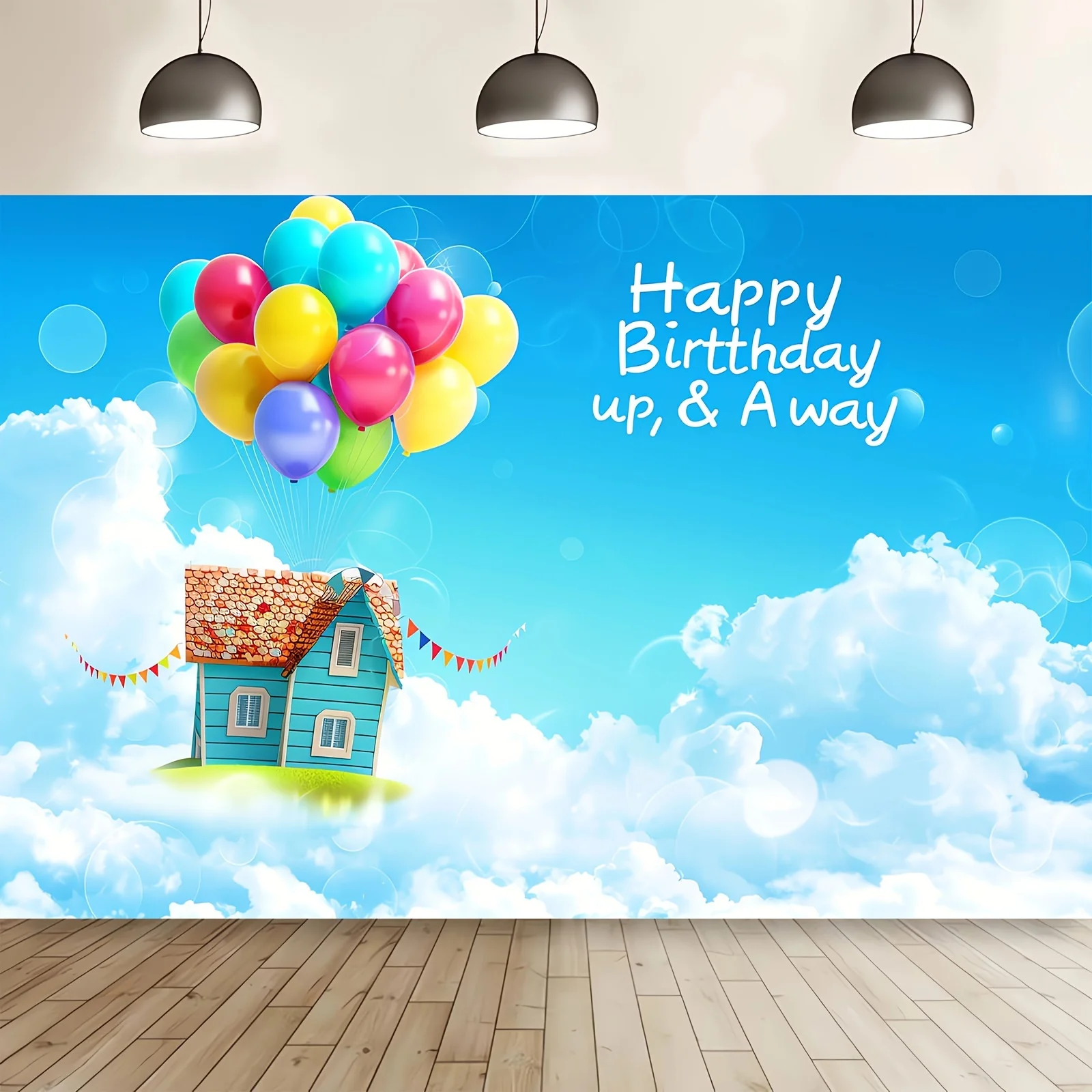 Fotohintergrund für Geburtstagsfeiern, Abenteuer „Happy Birthday“, Luftballons, Partydekoration, blauer Himmel, weiße Wolken, Banner-Dekoration – Detail 8